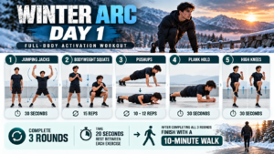 Winter Arc Day 1 full-body activation workout with five bodyweight exercises