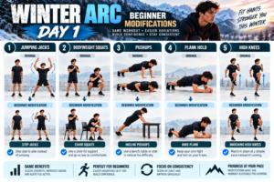 Winter Arc Day 1 beginner modifications for step jacks, chair squats, incline pushups, knee plank and marching high knees