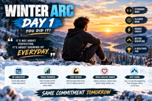 Winter Arc Day 1 motivational graphic about consistency and showing up every day